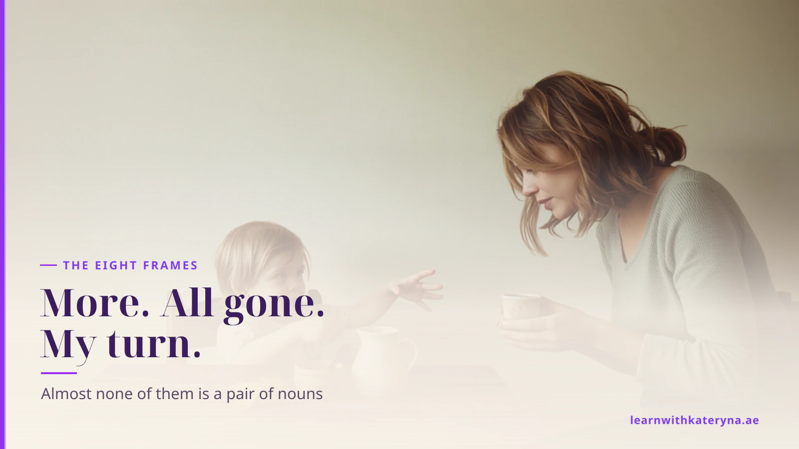 A toddler reaches an open hand toward his mother across the breakfast table, asking for more