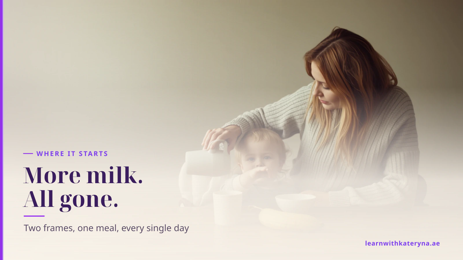 A mother pours milk at breakfast while her toddler watches from the table