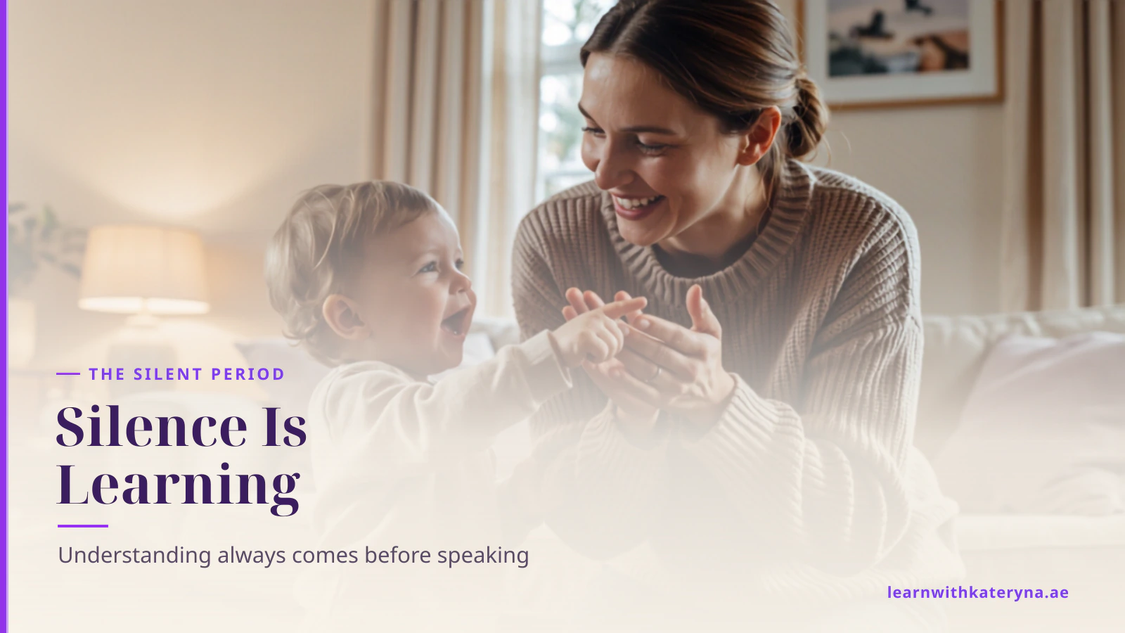 Mother warmly encouraging her bilingual toddler to say a first word in English