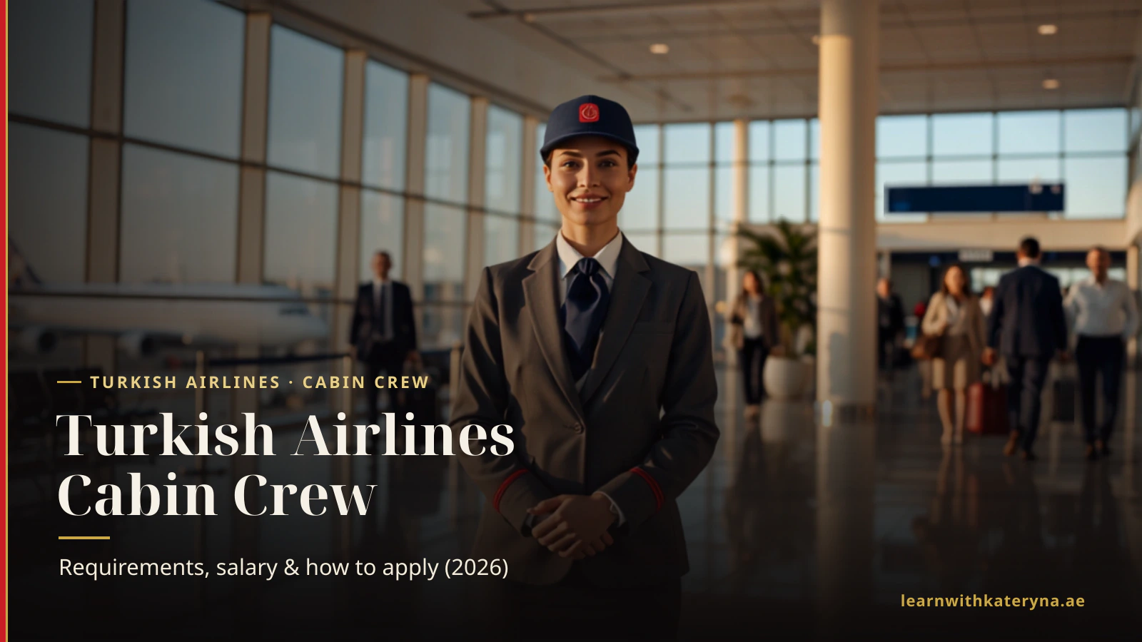 Turkish Airlines cabin crew member in uniform in an airport terminal — how to become Turkish Airlines cabin crew