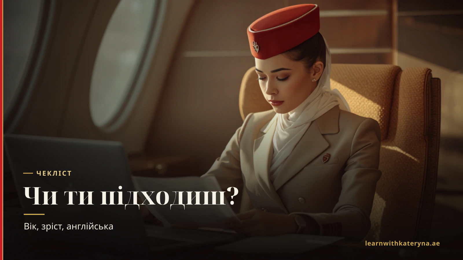 Чек-лист відповідності бортпровідника Emirates 2026 — вік від 21, досяжність ~212 см, зріст ~160 см, середня освіта, вільна англійська B1+, охайний вигляд, вміння проплисти ~25 м