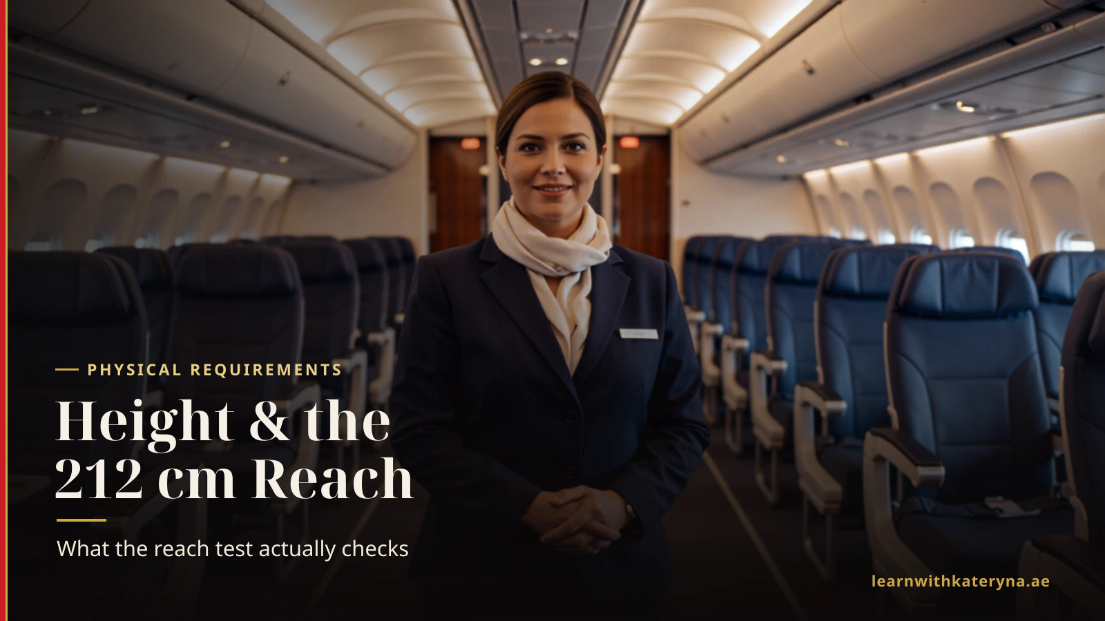 Cabin crew member reaching up to an overhead bin — the 212 cm arm-reach requirement explained