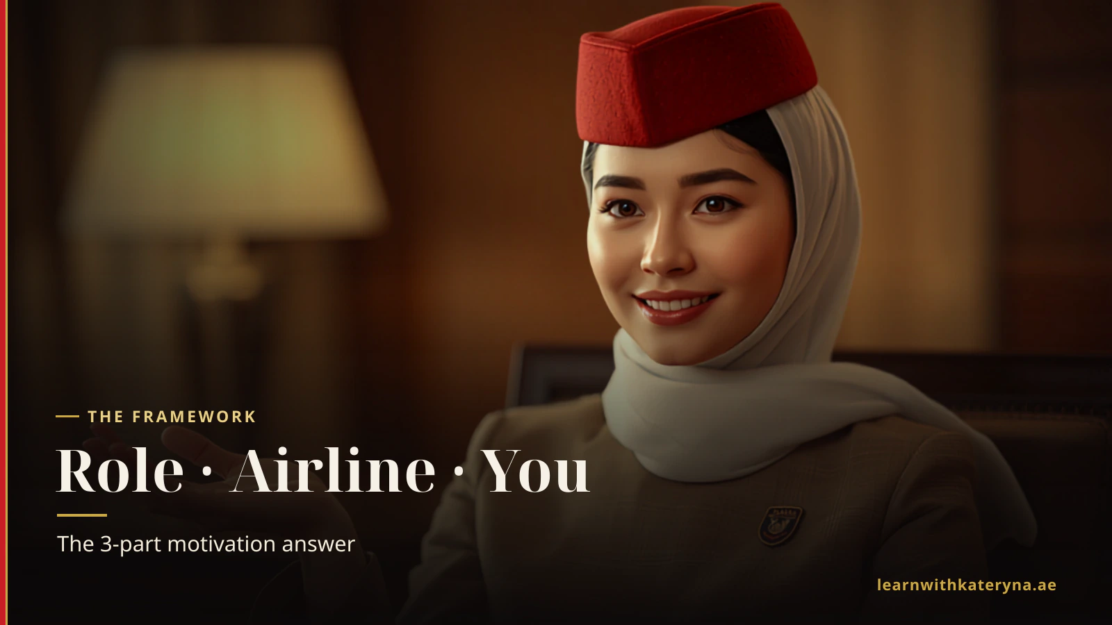 Emirates cabin crew member answering the motivation question — the 3-part framework Role Airline You