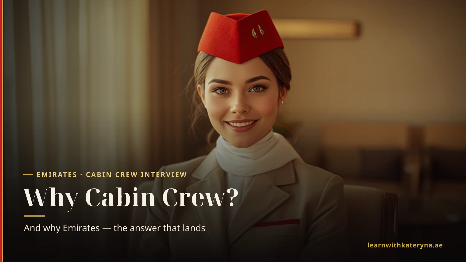 Young Emirates cabin crew woman in beige uniform smiling in a warm interior — answering why you want to be a cabin crew