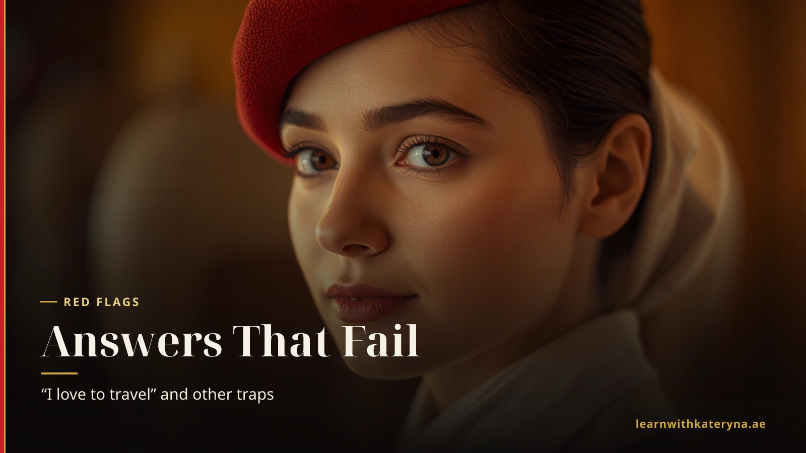 Close portrait of an attentive Emirates cabin crew member in an interview — what the recruiter reads behind your answer