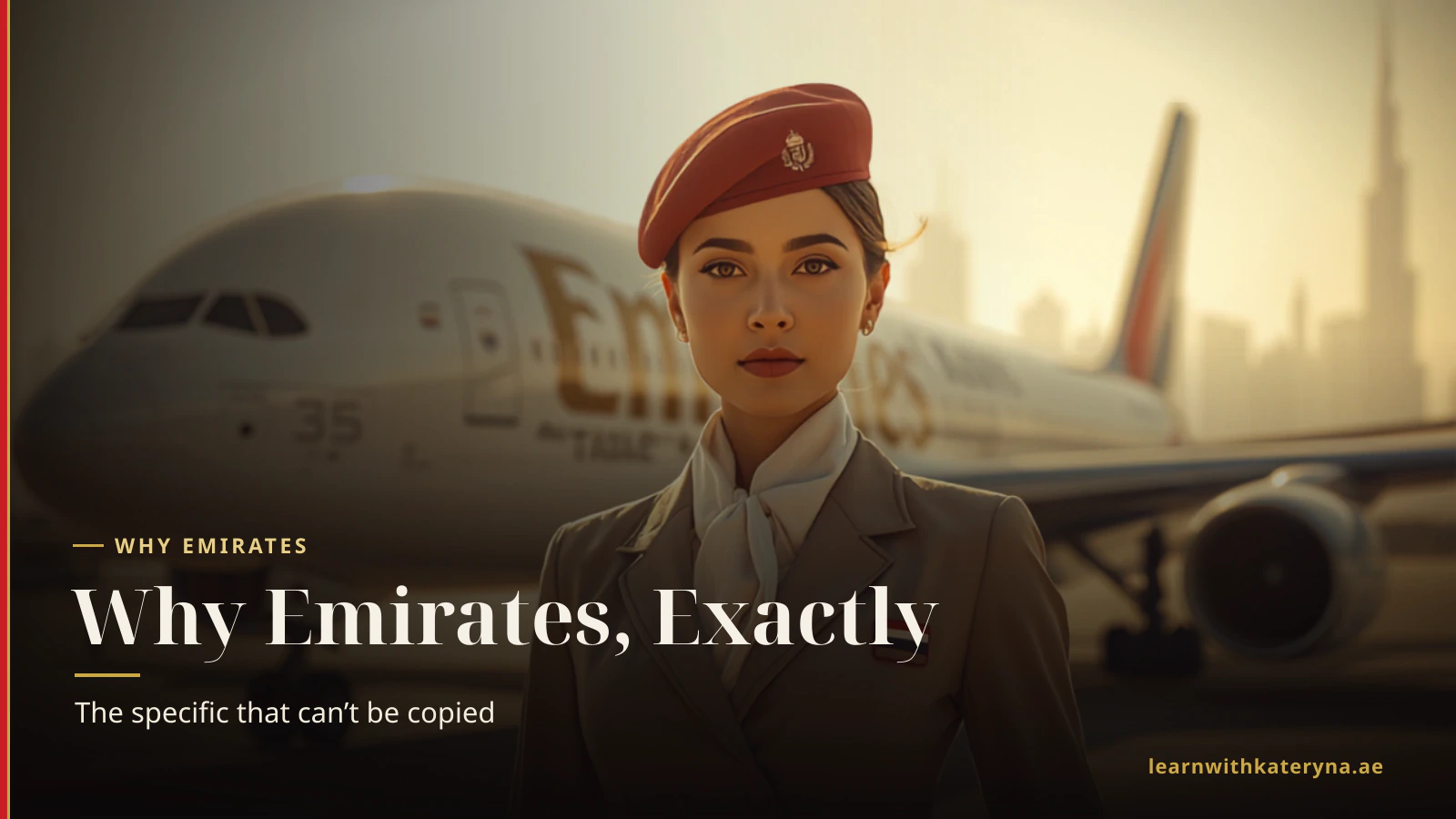 Emirates cabin crew woman in front of an A380 with the Dubai skyline — why Emirates specifically