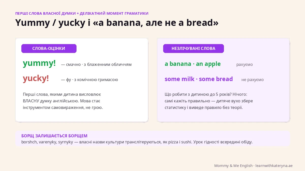 Yummy і yucky — перші слова власної думки дитини англійською, та незлічувані слова: a banana, але some milk