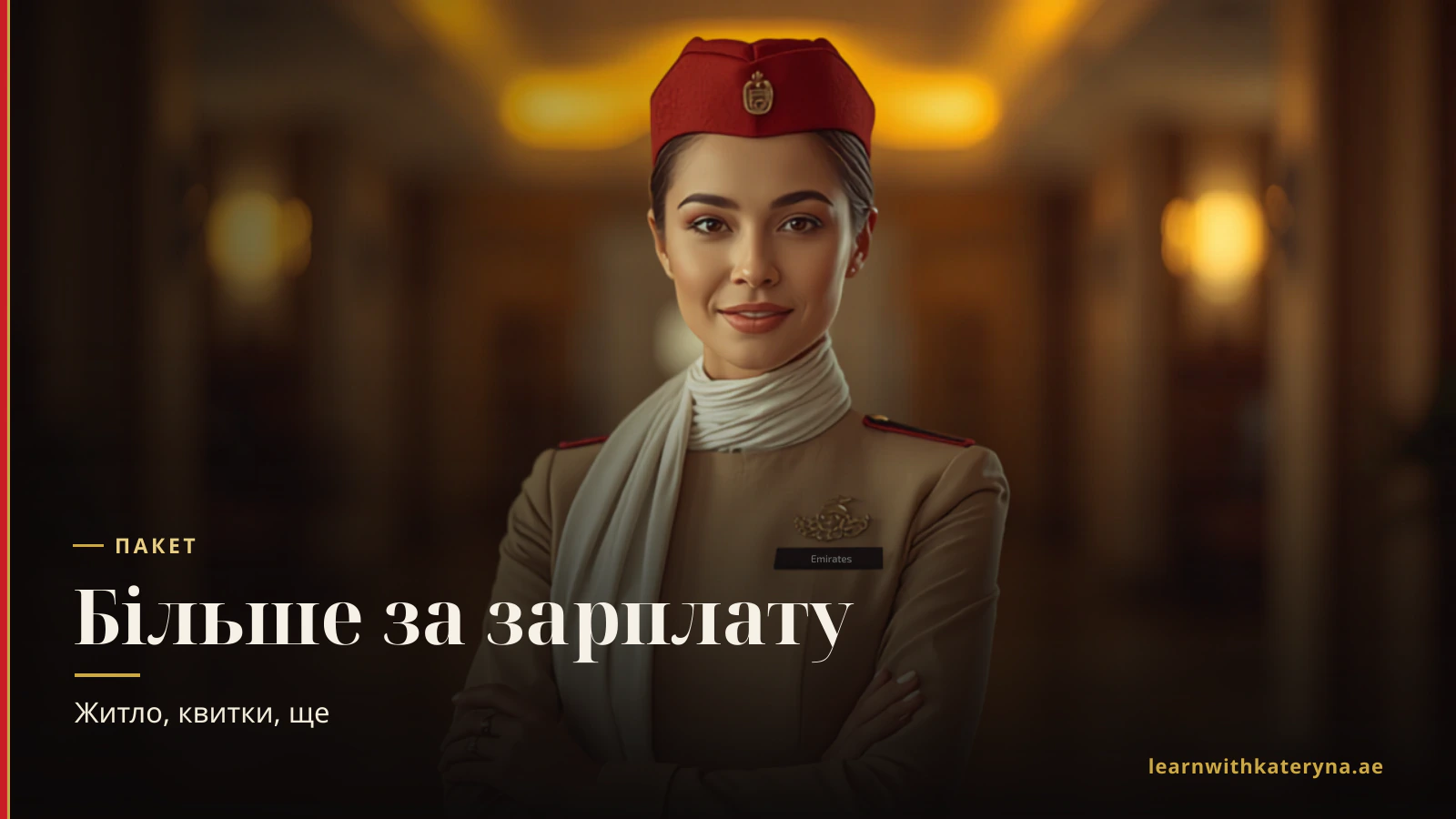 Бенефіти бортпровідника Emirates — безкоштовне спільне житло, транспорт, авіапільги, медичне й стоматологічне страхування, участь у прибутку та 30 днів відпустки