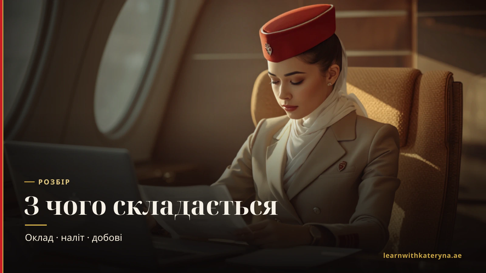 Розбір зарплати бортпровідника Emirates 2026 — базовий оклад AED 4 430, оплата нальоту, закордонні добові та безподатковий підсумок близько AED 10 000