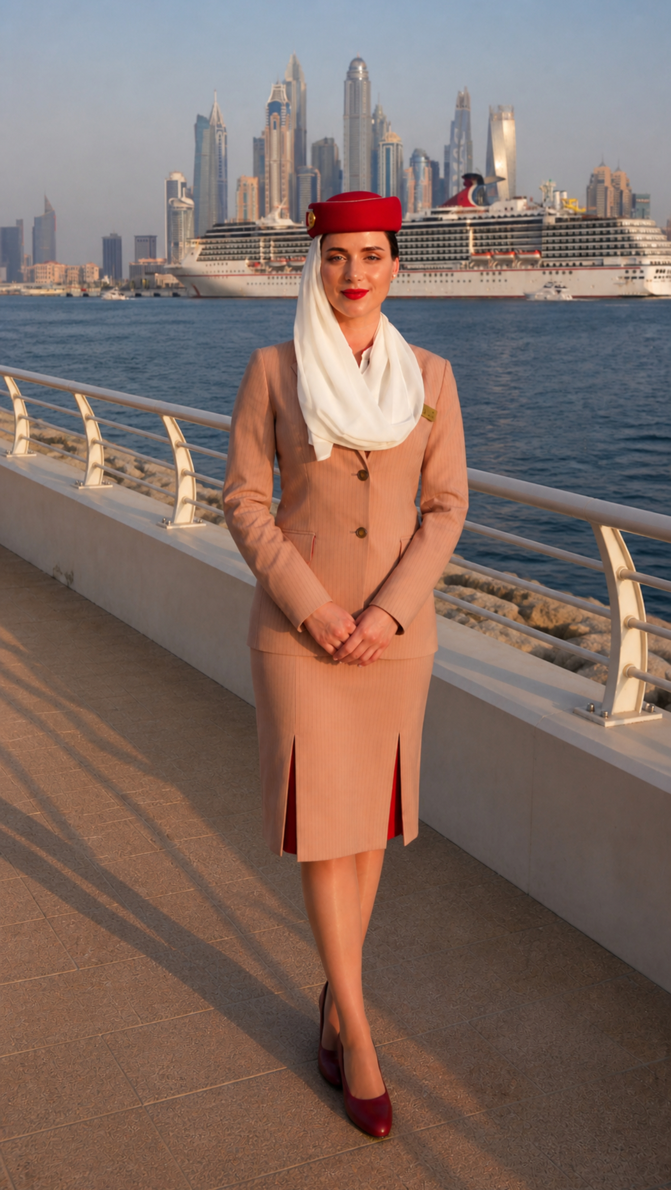 Катерина Свірська в формі Emirates Cabin Crew на тлі Дубаю