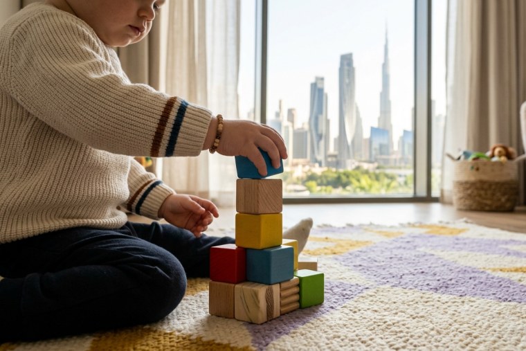 Toddler stacking colourful blocks at home with the Dubai skyline through the window