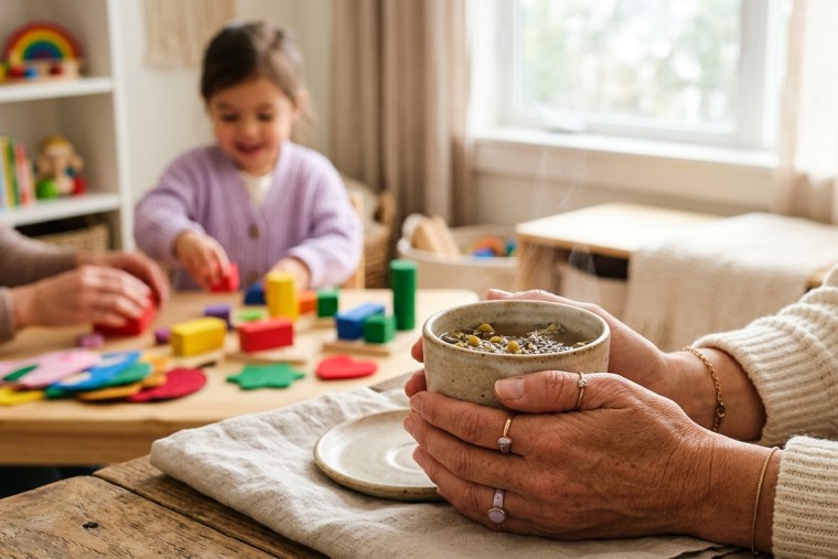 A parent holding a warm cup while their child plays with the teacher's props nearby