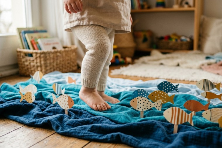 A play corner turned into a fabric ocean with paper fish — a sensory story world