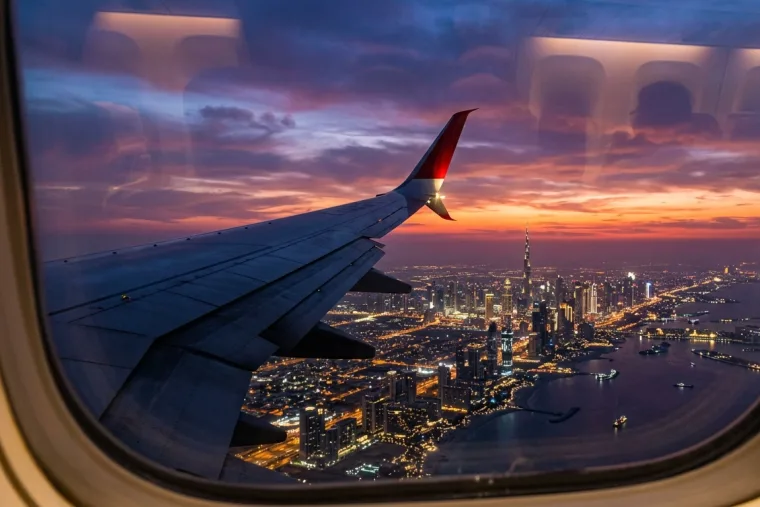 View of the Dubai skyline from an Emirates cabin window at sunset