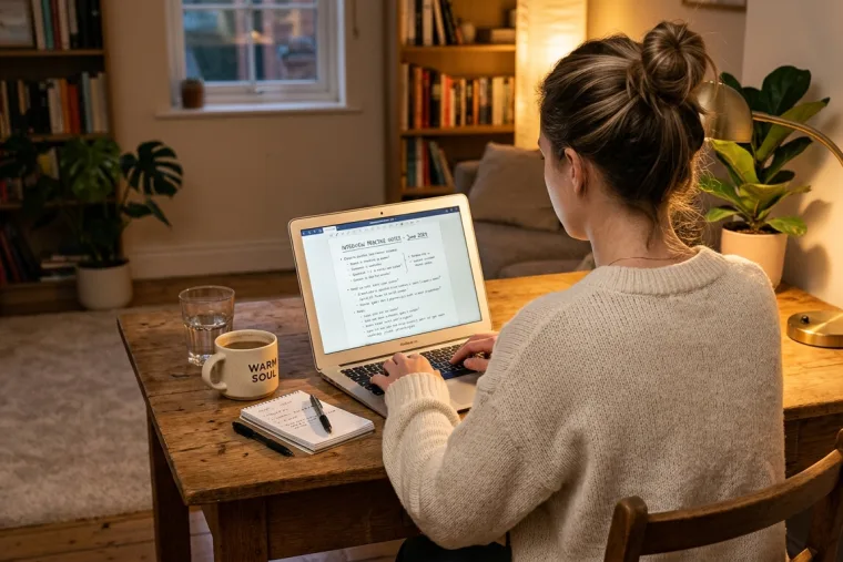 Studying interview and assessment-day preparation notes at a home desk