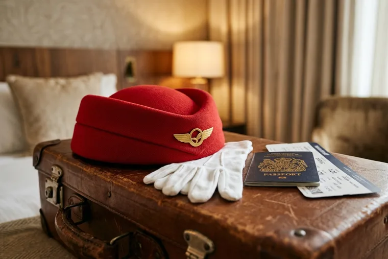 Cabin crew uniform pillbox hat, white gloves and passport laid out on a suitcase