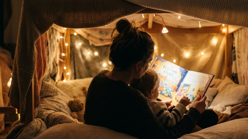 Мама і дитина читають англійську книжку перед сном — Чернігів