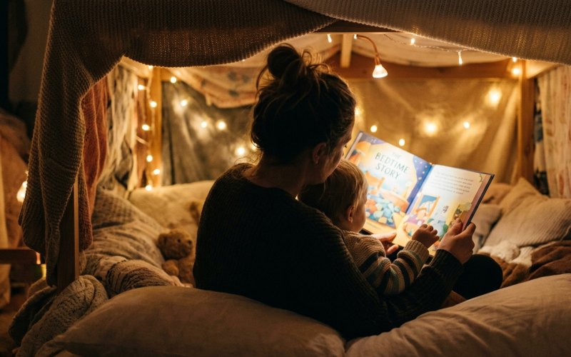Мама і дитина читають англійську книжку перед сном — Луцьк