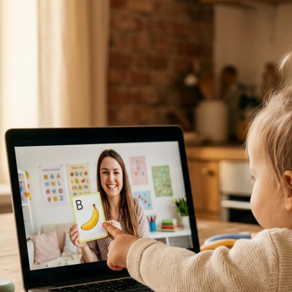 Дитина показує на флешкартку під час заняття англійською — Херсон
