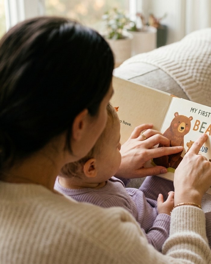 Вечірній ритуал: мама і дитина читають англійську книжку разом перед сном